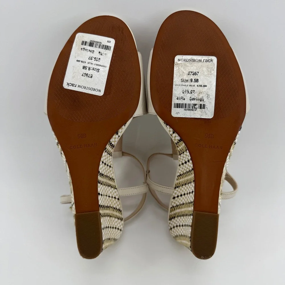 Cole Haan Maddie Ivory Leather T-Strap Woven Wedge Sandals W14877‎ Womens 9.5B